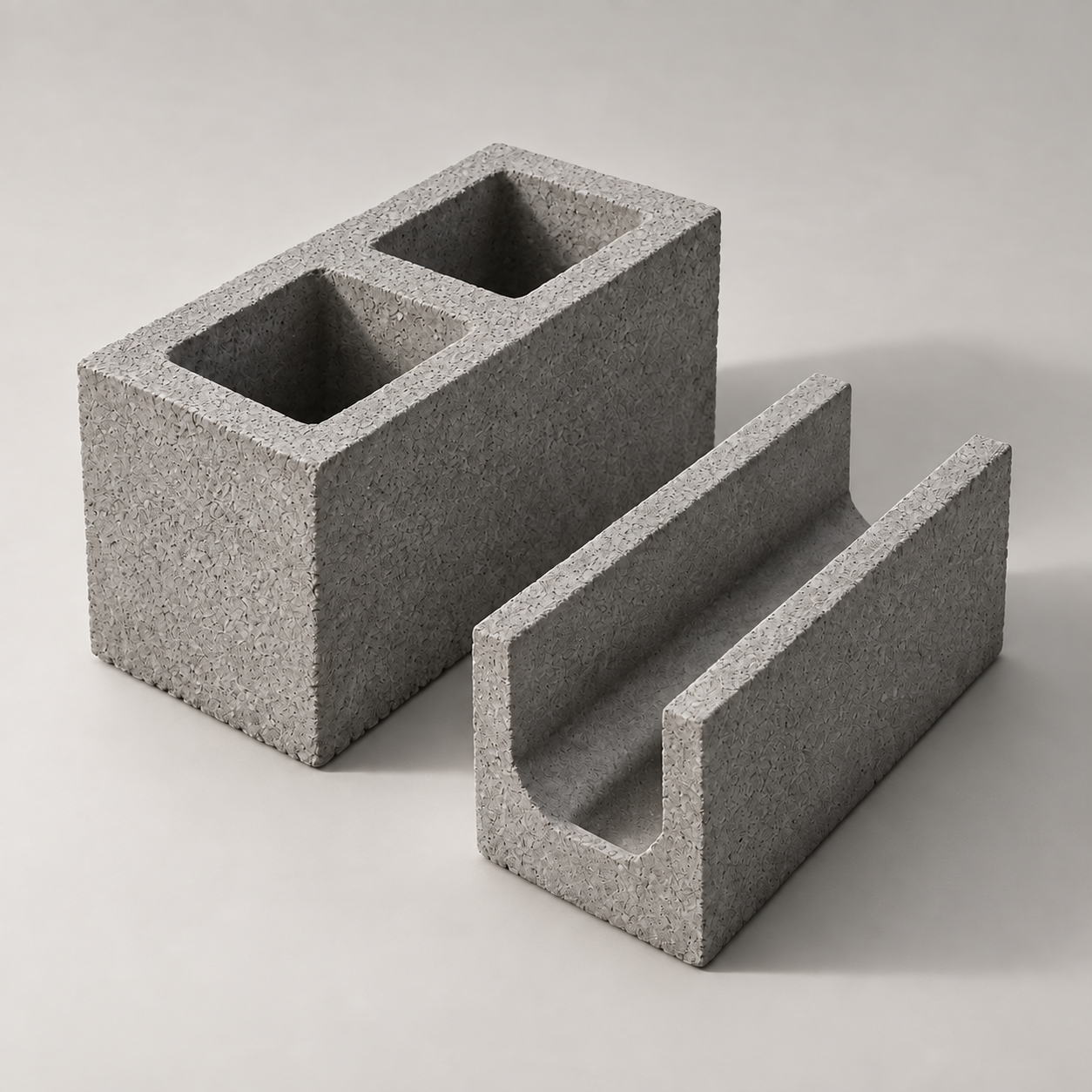 Composição ilustrativa de bloco de concreto e canaleta em U, com textura e formatos em destaque