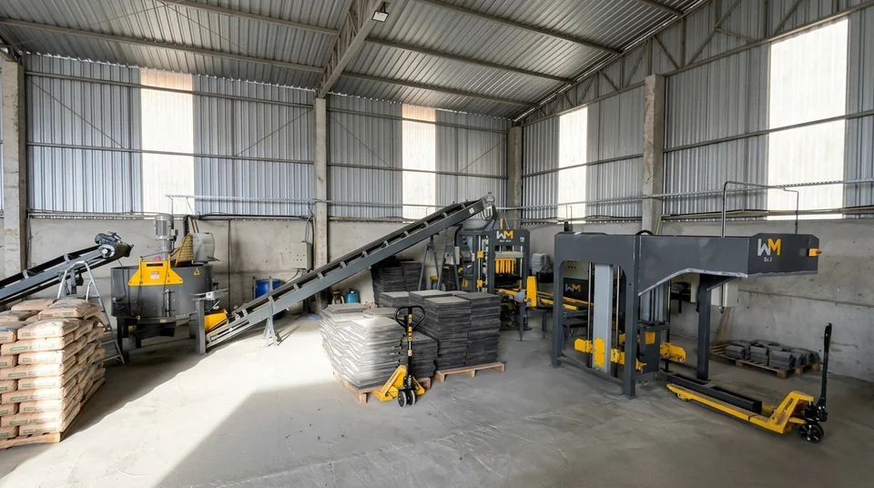 Maquinário e esteiras da produção de artefatos de concreto da JGS